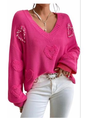 NEW Fuzzy Heart Sweater V Neck Pearl Drop Shoulder Casual Long Sleeve L